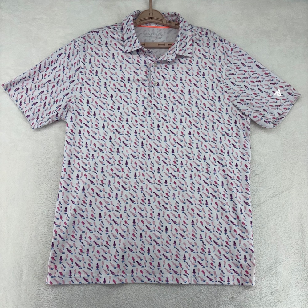 Maelreg Mens Performance Polo Shirt Large White Pink Floral Golf Short Sleeve L